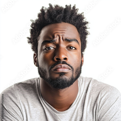 28 year old black Male looking miserable. Isolated, white background. photo