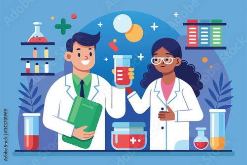 Two doctors work together in a lab, discussing a formula and analyzing their findings Two doctors in a lab with medicine formula, illustrated flat.