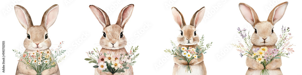 Obraz premium Charming of cute rabbits or hares holding delicate floral bouquets in a lush natural springtime setting with flowers greenery and a soft dreamy aesthetic