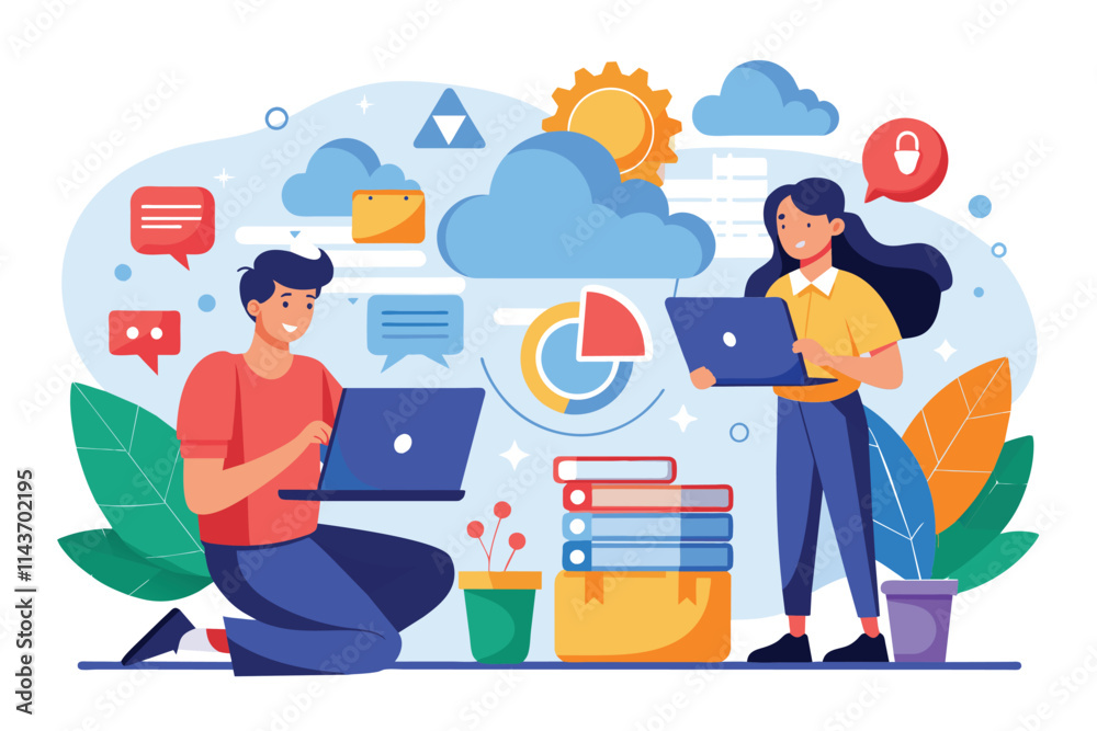 Two individuals engage in cloud storage activities with laptops, analyzing and managing digital information Two individuals using cloud storage, illustrated flatly. Two individuals engage in cloud storage activities with laptops, analyzing and managing digital information Two individuals using cloud storage, illustrated flatly.