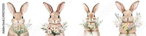 Charming of cute rabbits or hares holding delicate floral bouquets in a lush natural springtime setting with flowers greenery and a soft dreamy aesthetic
