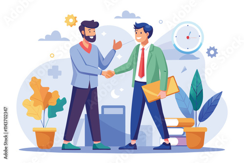 Two men engage in a firm handshake, celebrating their successful collaboration in an office environment Two men shaking hands to celebrate their successful business.