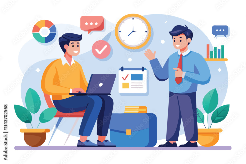 Two men share ideas on effective time management while seated in a bright office environment Two men talking about how to manage time, with a flat illustration. Two men share ideas on effective time management while seated in a bright office environment Two men talking about how to manage time, with a flat illustration.