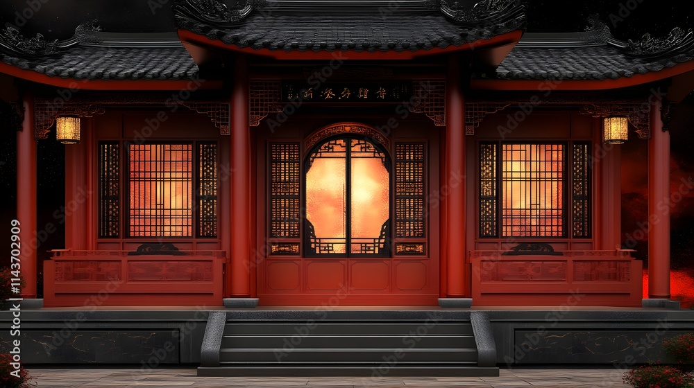 Fototapeta premium Illuminated red Chinese temple at night.