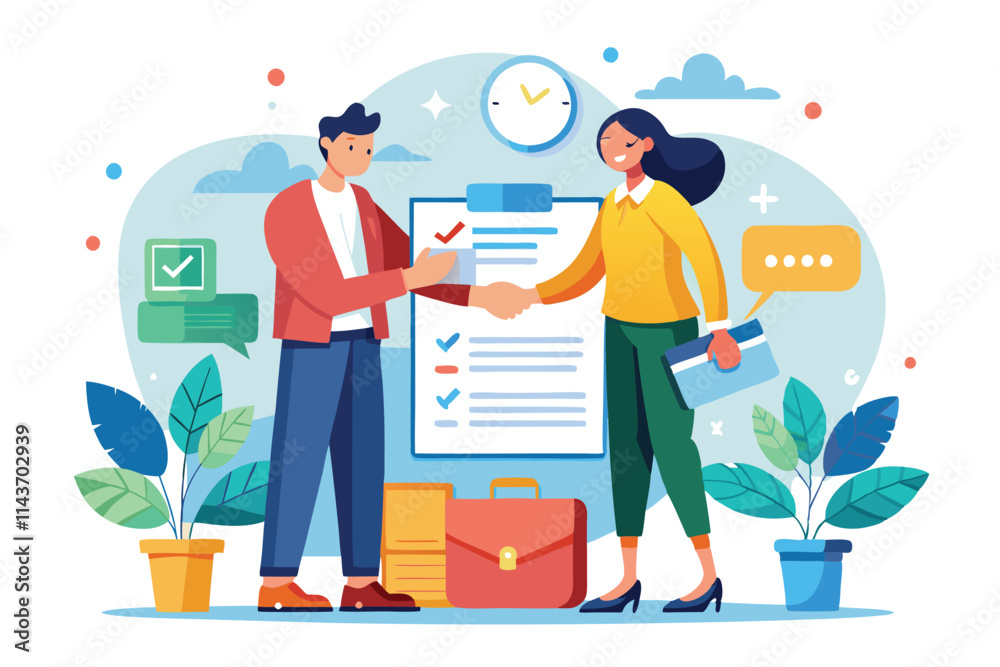 Two partners are engaged in a handshake while finalizing a work contract in a modern office environment Two partners shaking hands on a work contract, flat illustration. Two partners are engaged in a handshake while finalizing a work contract in a modern office environment Two partners shaking hands on a work contract, flat illustration.