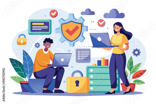 Two individuals work together to create a new security system, utilizing laptops and innovative tools Two people are developing new security system innovations focused on data protection.