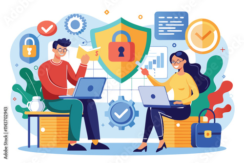 Two professionals collaborating on the development of a new security system in a modern workspace, Two people are developing new security system innovations focused on data protection.