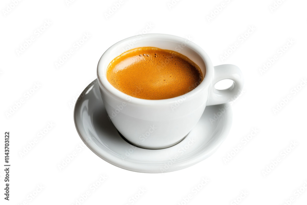 A freshly brewed espresso served in a classic white cup on a minimalist table A freshly brewed espresso served in a classic white cup on a minimalist table