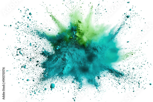 a vibrant explosion of blue and green powder against a transparent background the powder is dispersed in a chaotic pattern. creating a dynamic and energetic visual photo