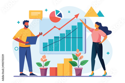 Two individuals discuss a growth chart in a bright office, surrounded by plants and visual aids Two people examine a growth chart with a flat illustration.