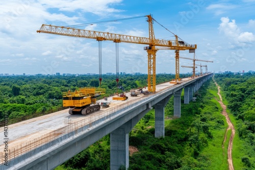 aerial view of a massive highway construction project. yellow cranes work on an elevated section stretching across lush green landscape. modern infrastructure development.