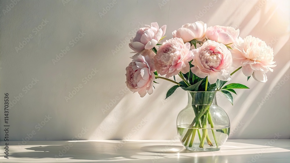 Fototapeta premium A bouquet of pale pink peonies in a clear glass vase, bathed in sunlight