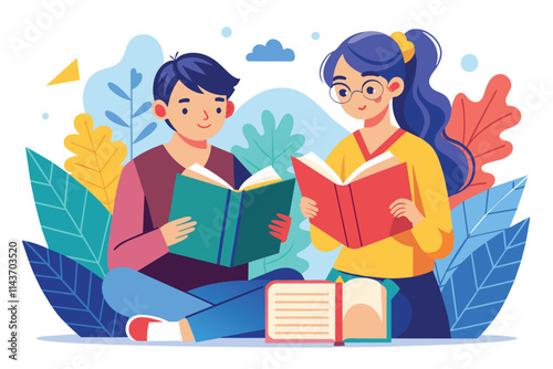 A pair of individuals reads books happily, surrounded by vibrant greenery and cheerful colors Two people reading books, illustrated in a flat style.