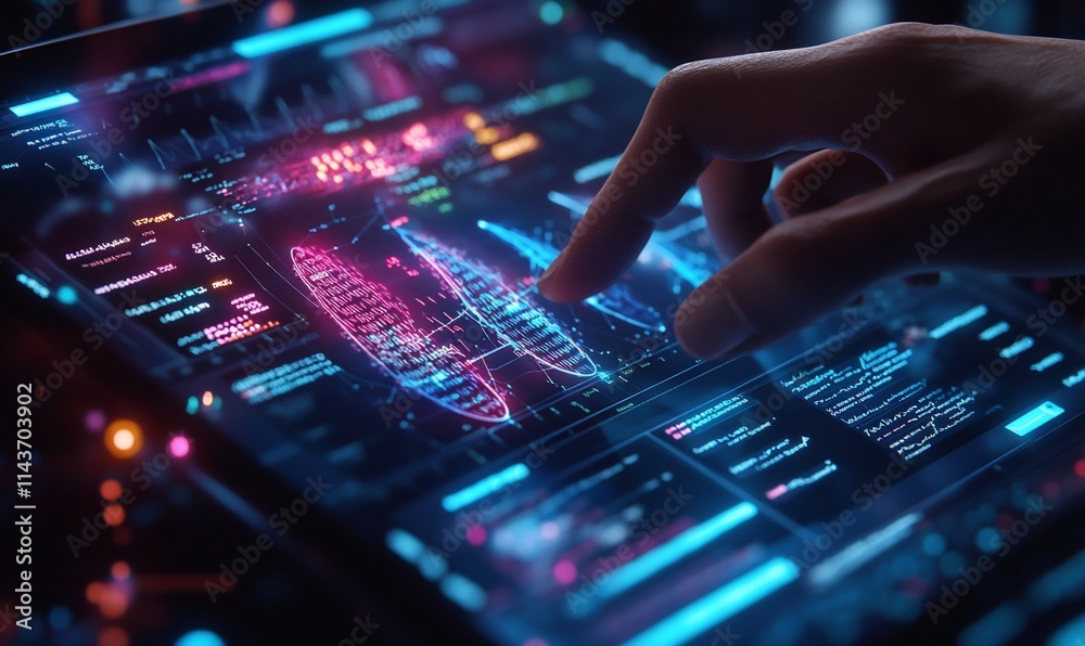 A hand interacting with a futuristic touchscreen displaying data visualizations. A hand interacting with a futuristic touchscreen displaying data visualizations.
