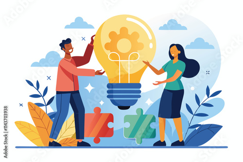 Two individuals engage in problem-solving with a light bulb puzzle in a vibrant workspace Two people solving problems with light bulb puzzle in a flat illustration.