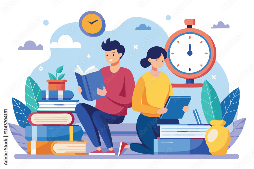 Two students focus on their studies with books surrounded by plants and a ticking clock nearby Two people studying with books and a clock, simple illustration.