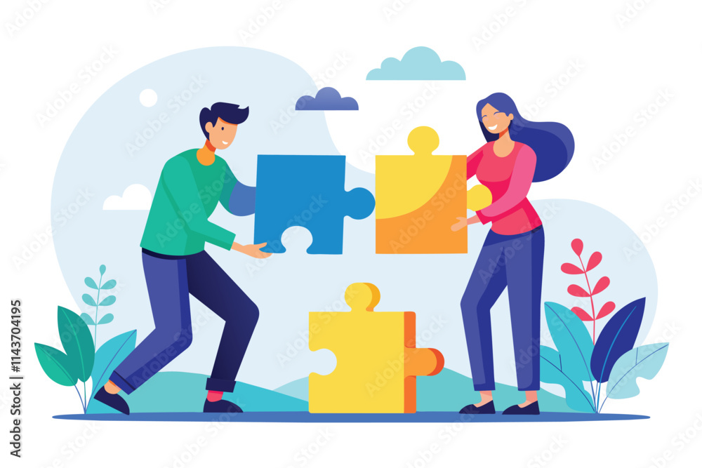 Fototapeta premium Two individuals joyfully fit puzzle pieces together in a peaceful outdoor environment filled with greenery Two people successfully assembled the puzzle pieces in a flat illustration.