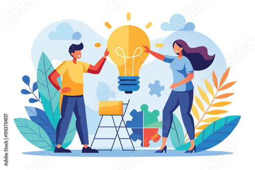 A man and a woman are actively working together to solve a light bulb puzzle in a bright setting Two people solving problems with light bulb puzzle in a flat illustration.