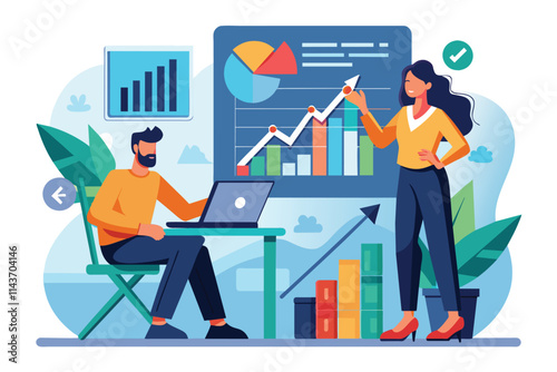 A man and woman collaborate on stock growth charts, discussing investment strategies in a professional setting Two people studying stock growth charts, which are not showing any significant changes.