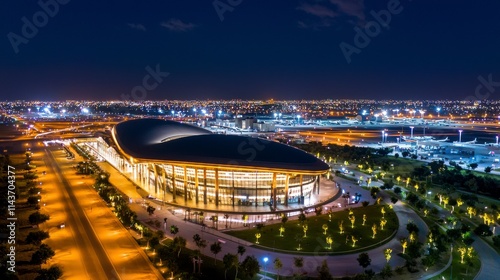 stunning night aerial view of a modern airport terminal. the illuminated building and surrounding cityscape create a captivating scene. perfect for travel, transportation, and architecture projects.