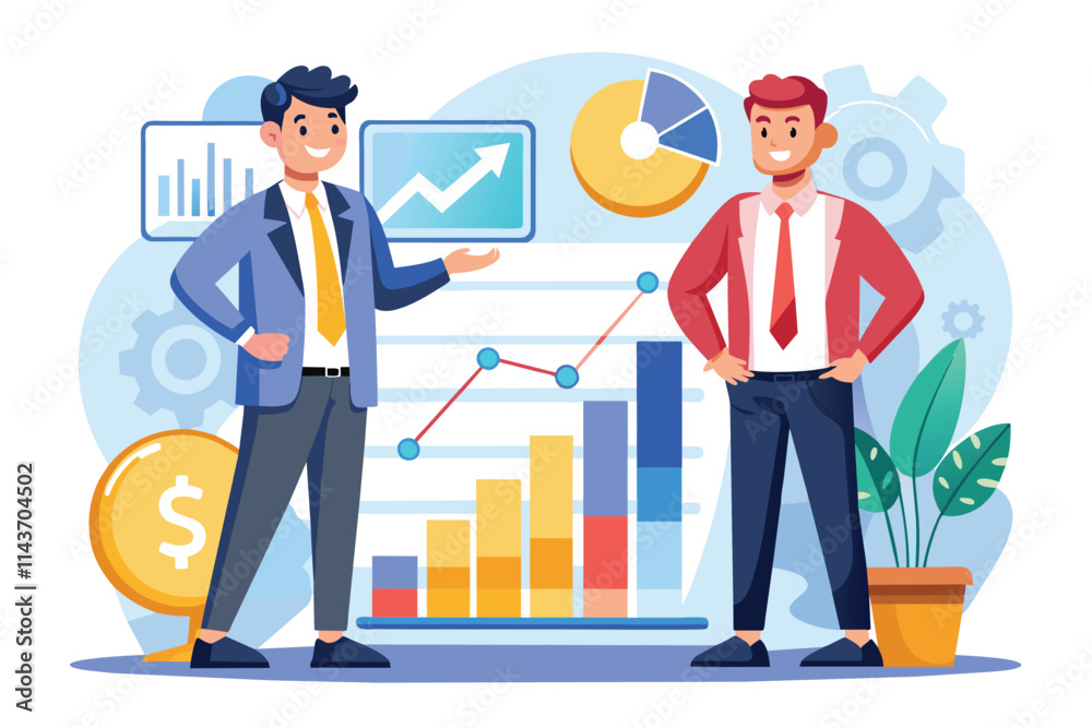 Businessmen engage in a discussion about financial strategies, surrounded by charts and graphs Two successful businessmen with financial operations diagram. Businessmen engage in a discussion about financial strategies, surrounded by charts and graphs Two successful businessmen with financial operations diagram.