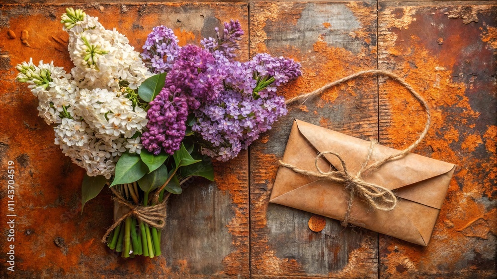 A rustic bouquet of spring lilacs rests beside a tied kraft envelope on aged wood A rustic bouquet of spring lilacs rests beside a tied kraft envelope on aged wood