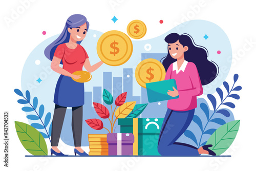 Two women are actively discussing investments for their business, appearing focused and enthusiastic Two women investing money for business capital, flat illustration.