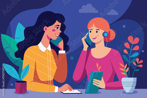 Two women are happily chatting on their phones, surrounded by plants in a warm indoor atmosphere Two women chatting on the phone, flat illustration.