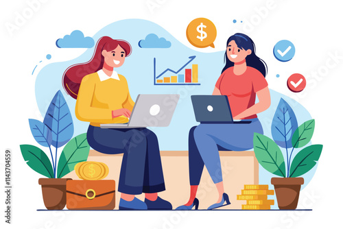 Two women collaborate on investment strategies using laptops in a vibrant office environment Two women investing money for business capital, flat illustration.