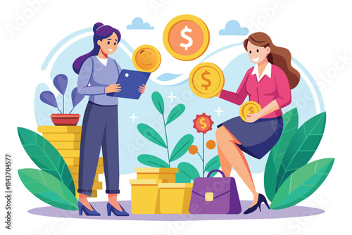 Two women collaborate to invest in business capital, analyzing financial options and opportunities Two women investing money for business capital, flat illustration.