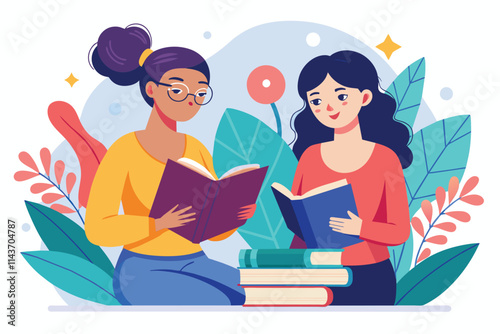 Two women are seated on the floor, deeply focused on reading books in a vibrant, plant-filled space Two women reading books to gain knowledge, illustrated in a flat style.