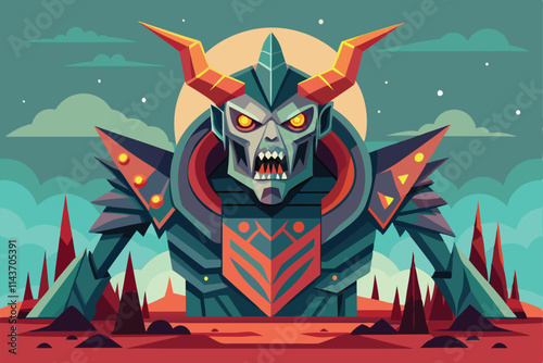 A massive, menacing creature with red eyes and horns looms over a desolate terrain, surrounded by trees Uh-oh, weird picture that can be changed.