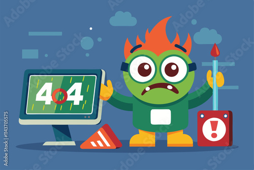 A cartoon monster stands by a computer screen, displaying a 404 error, with an upset expression and tools Unauthorized customizable cartoon illustration with a 401 error.