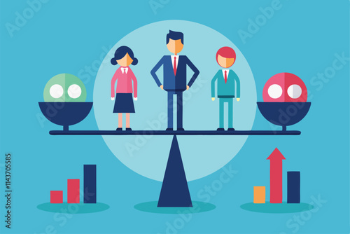 A visual representation shows unequal gender representation in business roles with figures on a balance scale Unequal business representation depicted in a customizable and disproportionate way.