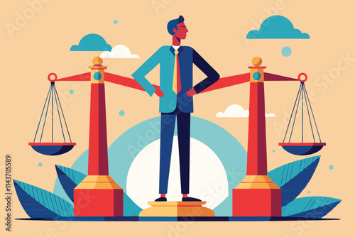 A person stands defiantly on a platform, balanced precariously between two unequal scales of justice Unfair and adjustable representation of justice