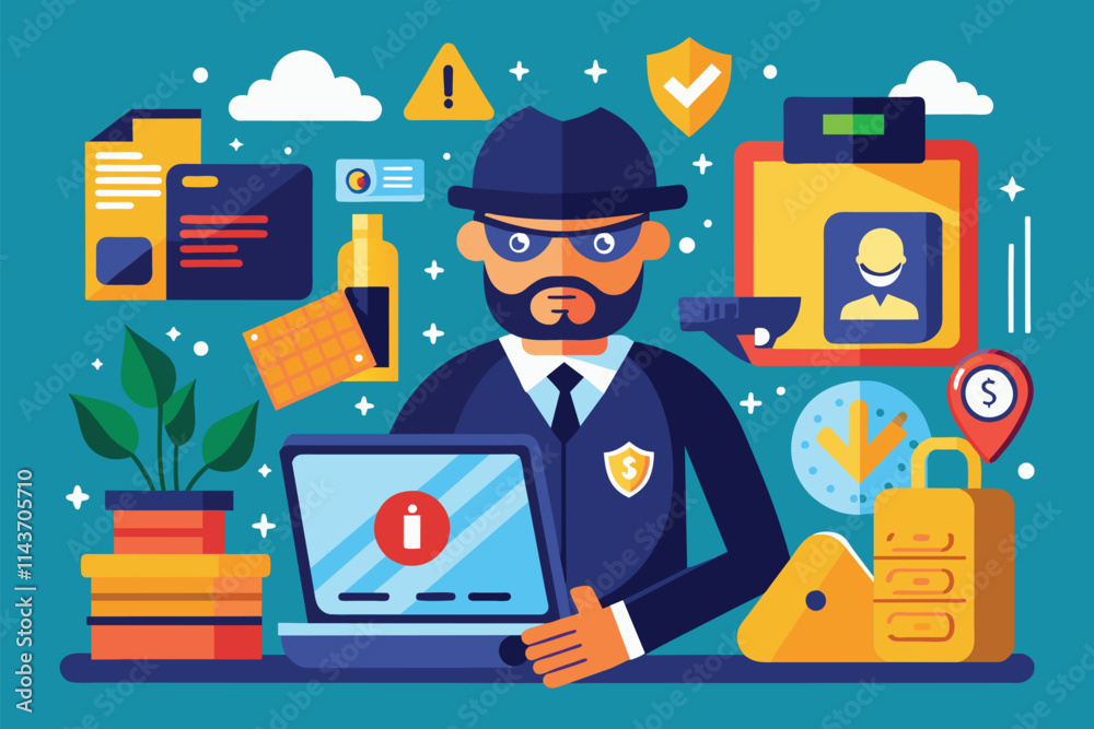 A cybersecurity professional reviews stolen data on a laptop, surrounded by security icons and alerts Unsafe data, stolen data, flat illustration. A cybersecurity professional reviews stolen data on a laptop, surrounded by security icons and alerts Unsafe data, stolen data, flat illustration.