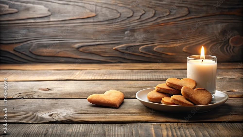 Warmth and Comfort Heart-Shaped Cookies and a Lit Candle on Rustic Wood