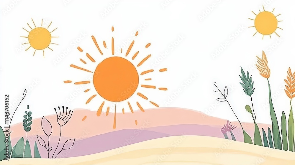 A vibrant, minimalist illustration featuring a large sun and various plants against a soft landscape, evoking feelings of warmth and nature. A vibrant, minimalist illustration featuring a large sun and various plants against a soft landscape, evoking feelings of warmth and nature.