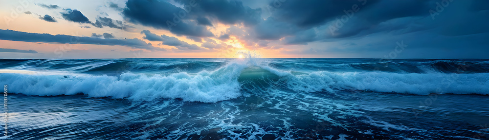 Fototapeta premium Large ocean waves break at sunset. A vibrant sky with dark clouds contrasts with the turquoise and white of the churning water. Dramatic and powerful scene.