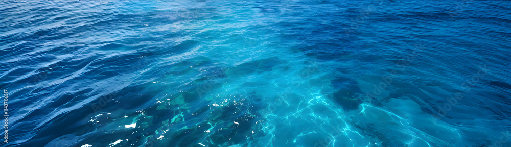 A panoramic view of a deep blue oceans surface. Sunlight reflects, creating lighter patches on the waters dark blue waves and ripples. The image showcases a variety of shades of blue, from deep indigo A panoramic view of a deep blue oceans surface. Sunlight reflects, creating lighter patches on the waters dark blue waves and ripples. The image showcases a variety of shades of blue, from deep indigo