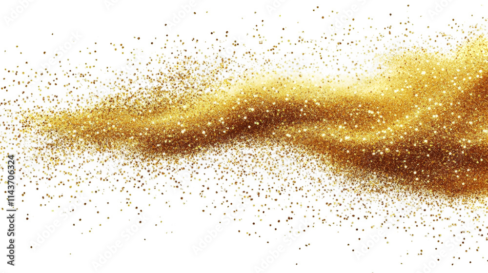 a stream of shimmering gold glitter bursts across a transparent background the glitter is a fine powder and forms a wavy shape