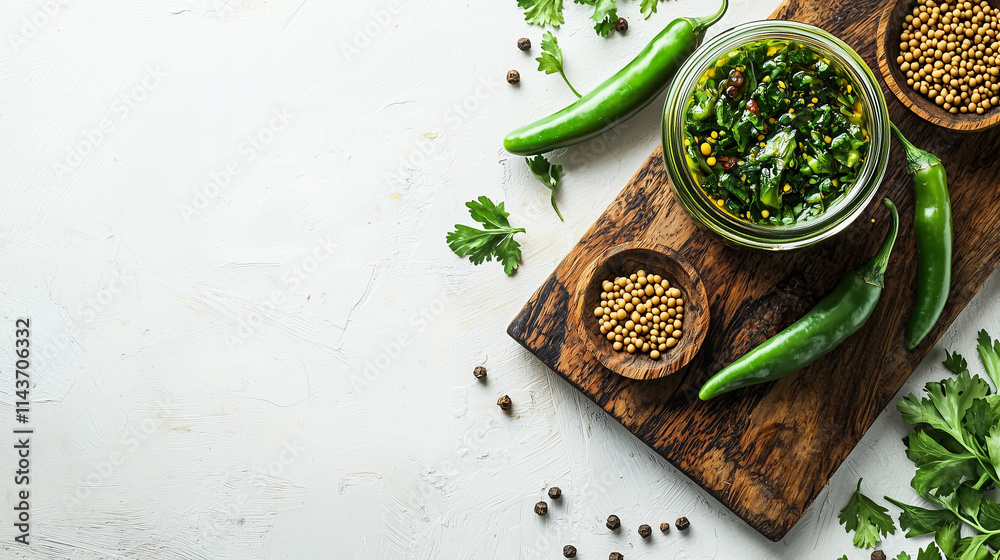 Green chili pickle jar on a wooden cutting board with whole green chilies and mustard seeds Green chili pickle jar on a wooden cutting board with whole green chilies and mustard seeds