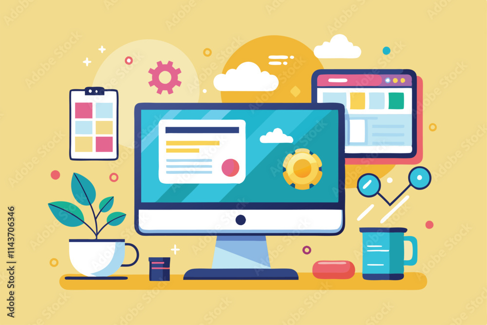 A colorful flat illustration displays a computer setup featuring plants, gears, and modern workspace items Using a computer screen for flat illustration. A colorful flat illustration displays a computer setup featuring plants, gears, and modern workspace items Using a computer screen for flat illustration.