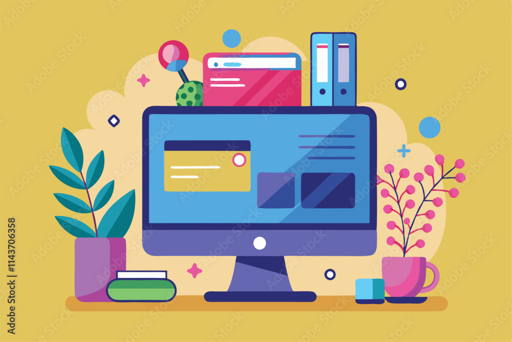 A vibrant illustration shows a computer displaying various digital elements with plants and stationery nearby Using a computer screen for flat illustration.