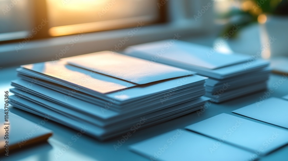 Stacked papers and envelopes on a desk, illuminated by soft sunlight. Stacked papers and envelopes on a desk, illuminated by soft sunlight.