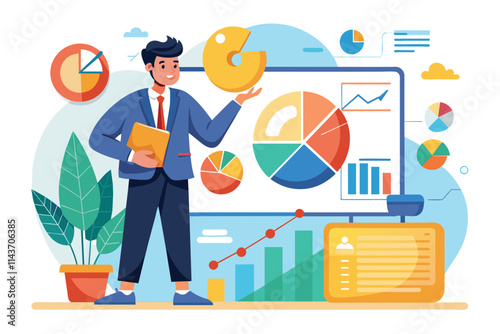 A business professional evaluates marketing metrics with data visuals and charts in their workspace Using digital analysis and online marketing data to create a flat illustration.