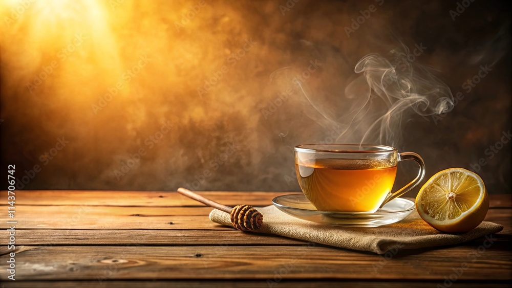 Warm, Steaming Cup of Herbal Tea with Lemon and Honey Dipper on Rustic Wood Warm, Steaming Cup of Herbal Tea with Lemon and Honey Dipper on Rustic Wood