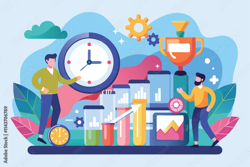 Two professionals assess performance metrics and time management with vibrant graphical elements around them Utilize trending time for flat illustration improvement. Two professionals assess performance metrics and time management with vibrant graphical elements around them Utilize trending time for flat illustration improvement.