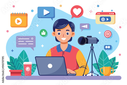 A vlogger interacts with their audience while live streaming, with social media icons displayed around them Vlogger live streaming with social media icons, simple illustration.