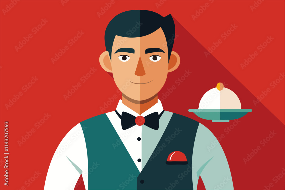 A waiter stands ready to serve, showcasing a classic vest and a welcoming smile with a dish in hand Waiters' Customizable Illustration A waiter stands ready to serve, showcasing a classic vest and a welcoming smile with a dish in hand Waiters' Customizable Illustration